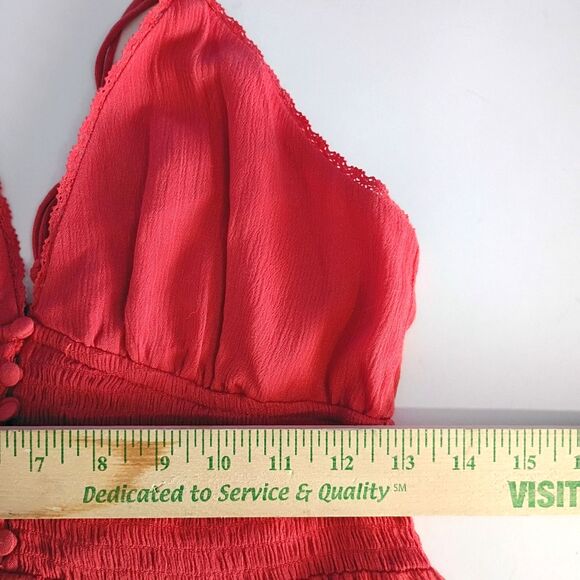 Forever 21 Stretch Crepe Babydoll Romper L Smocked Buttons Adjustable Straps Y2K - Picture 7 of 9